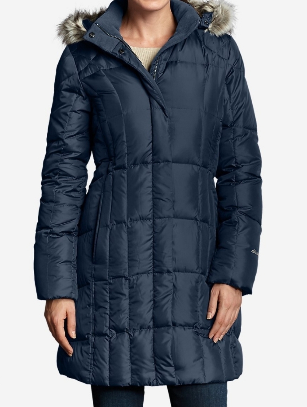 Eddie Bauer Long Down Puffer Coat Women's M Faux Fur Hooded Quilted Parka Warm